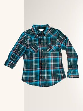 Orvis Teal, Black and White Plaid Button-Down Shirt